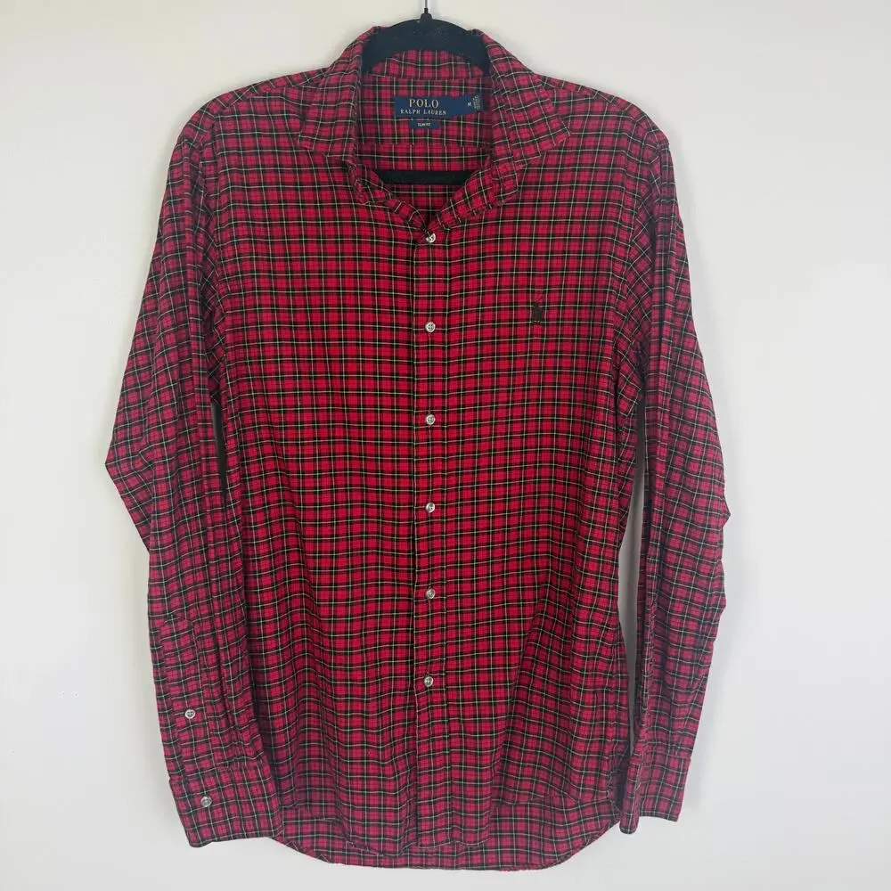 Polo Ralph Lauren Mens Slim Button-Up Long Sleeve Red/Black Plaid Shirt Medium